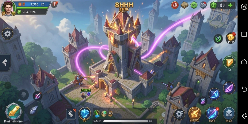 Tampilan seru dalam gameplay 8HHH dengan menara dan musuh yang menarik.